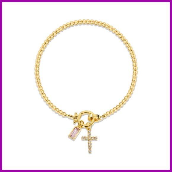 Gold Beaded Stretch Bracelet with Cross Charm and Birthstone - Picture 1 of 8